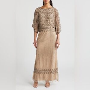 Pisarro Nights Diamond Bead Pattern Boat Neck 3/4 Split Sleeve Gown Rose Size 4